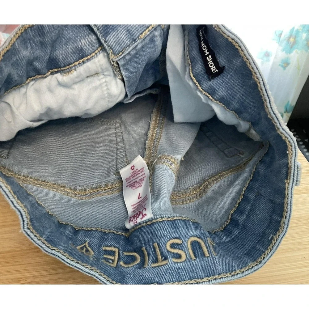 Justice Shorts Girls 7 Blue Denim Mini Mom Sequin Fringe Pockets Raw Hem Sparkle